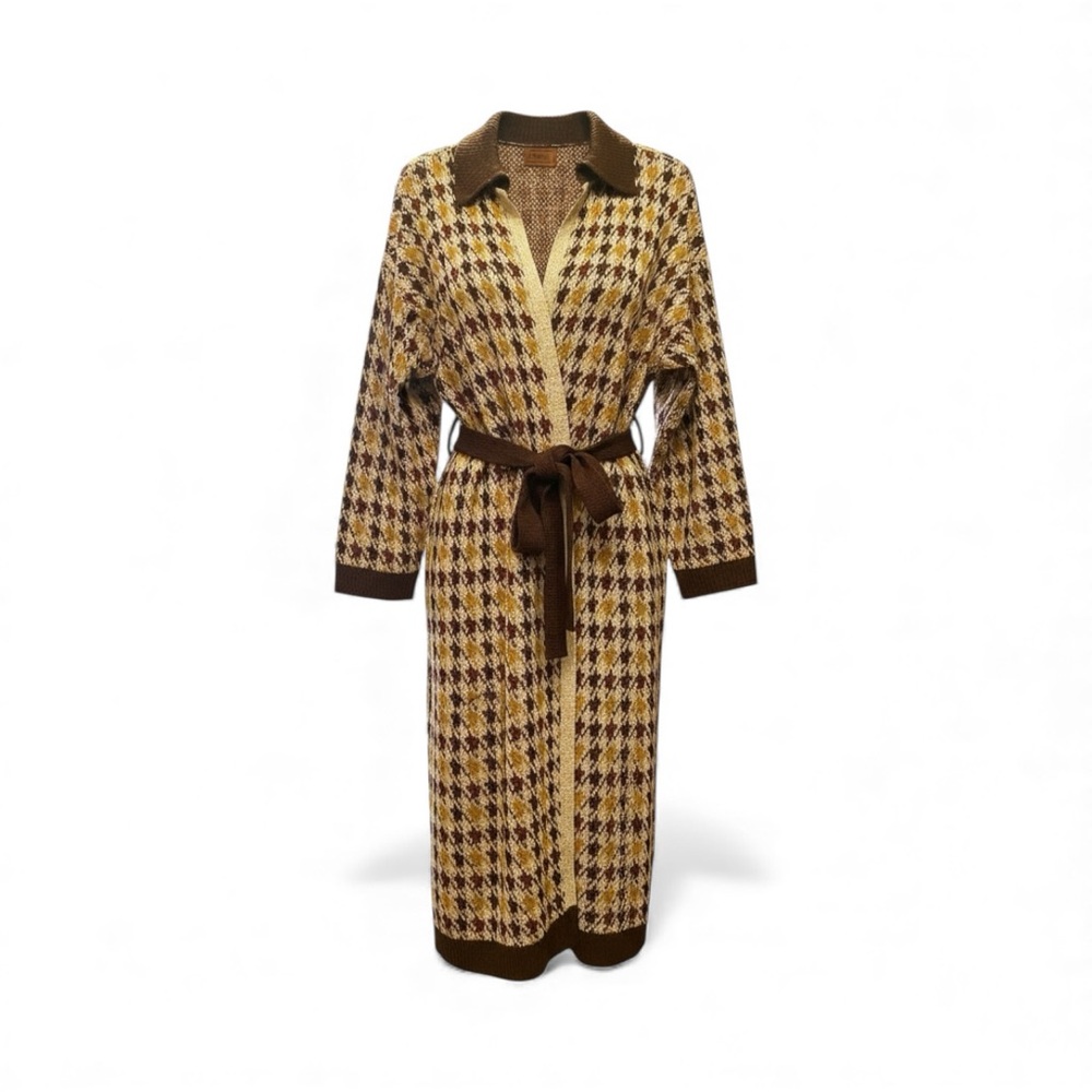 POL Women’s Brown and Cream Lightweight Houndstooth Cardigan Size S